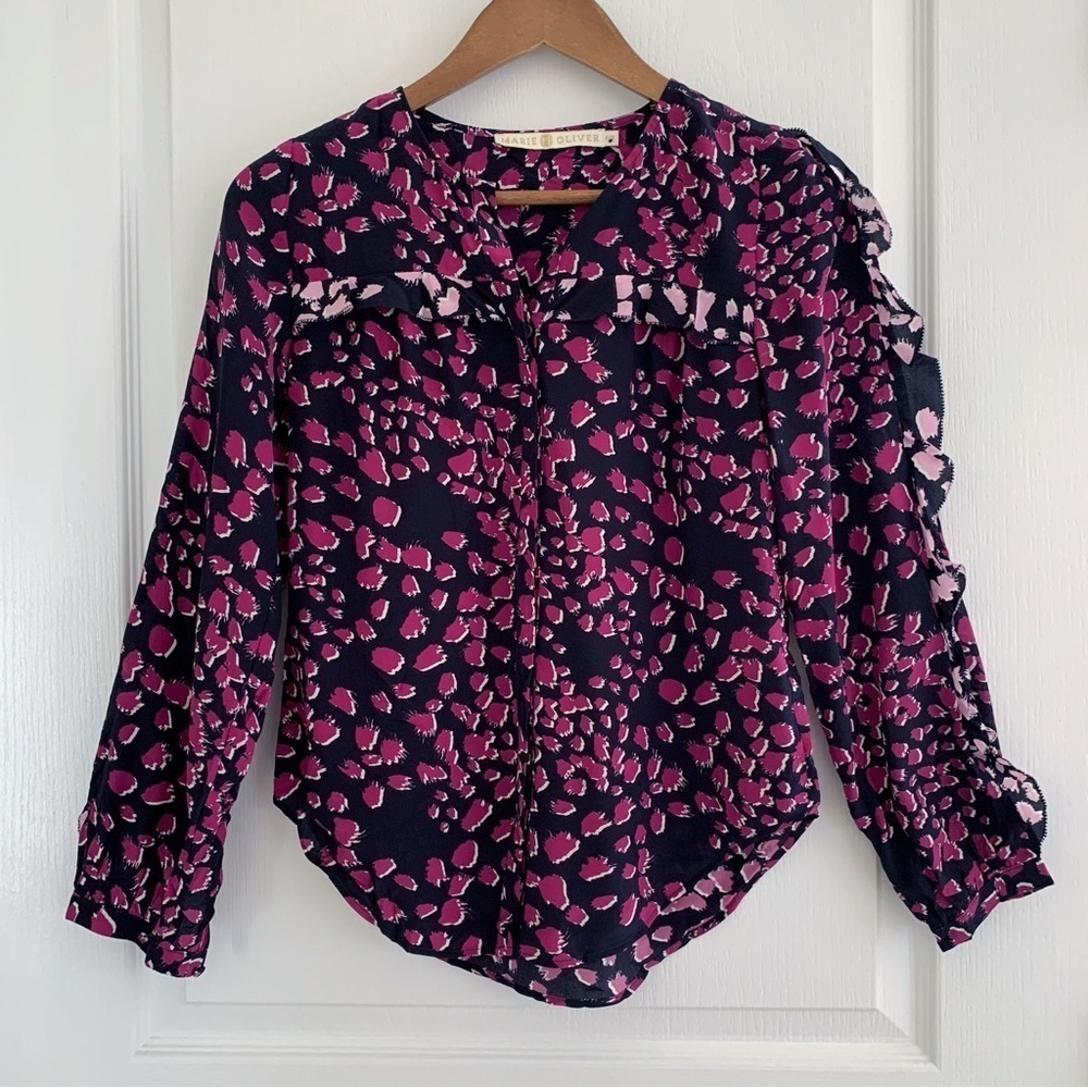Marie Oliver Navy & Purple Abstract Print Ruffle Silk Blouse XXS